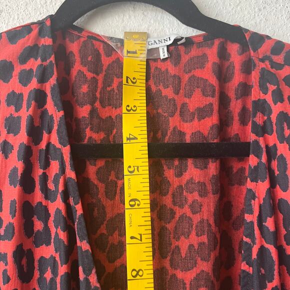 Ganni The Bijou Red Leopard Puff Sleeve Wrap Maxi Dress Size 42 EU - Picture 12 of 15